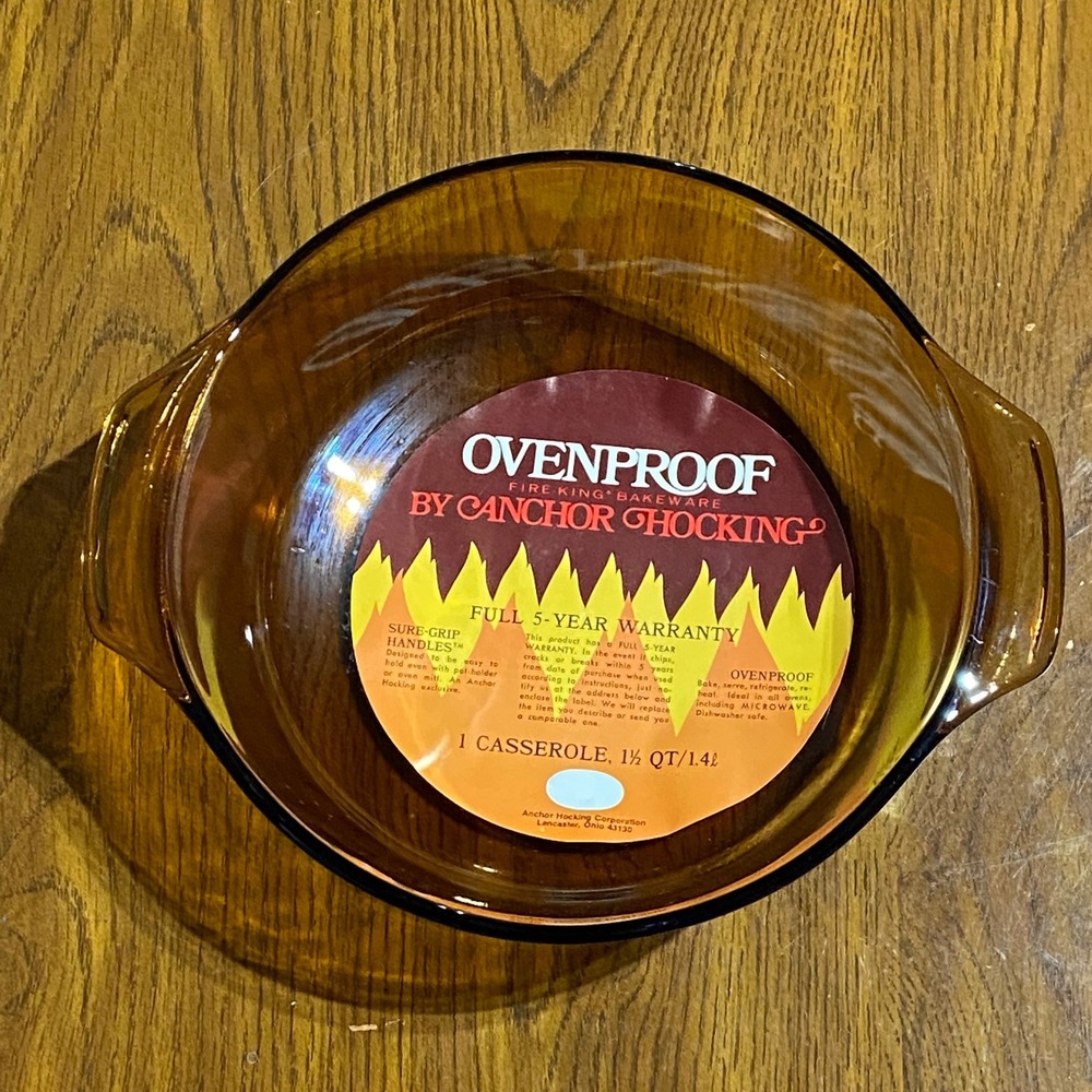 Vintage Anchor Hocking Fire-King Amber Glass 1.5 Qt Round Casserole Dish USA MCM